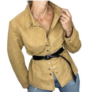 Vintage camel tan faux suede snap front top
